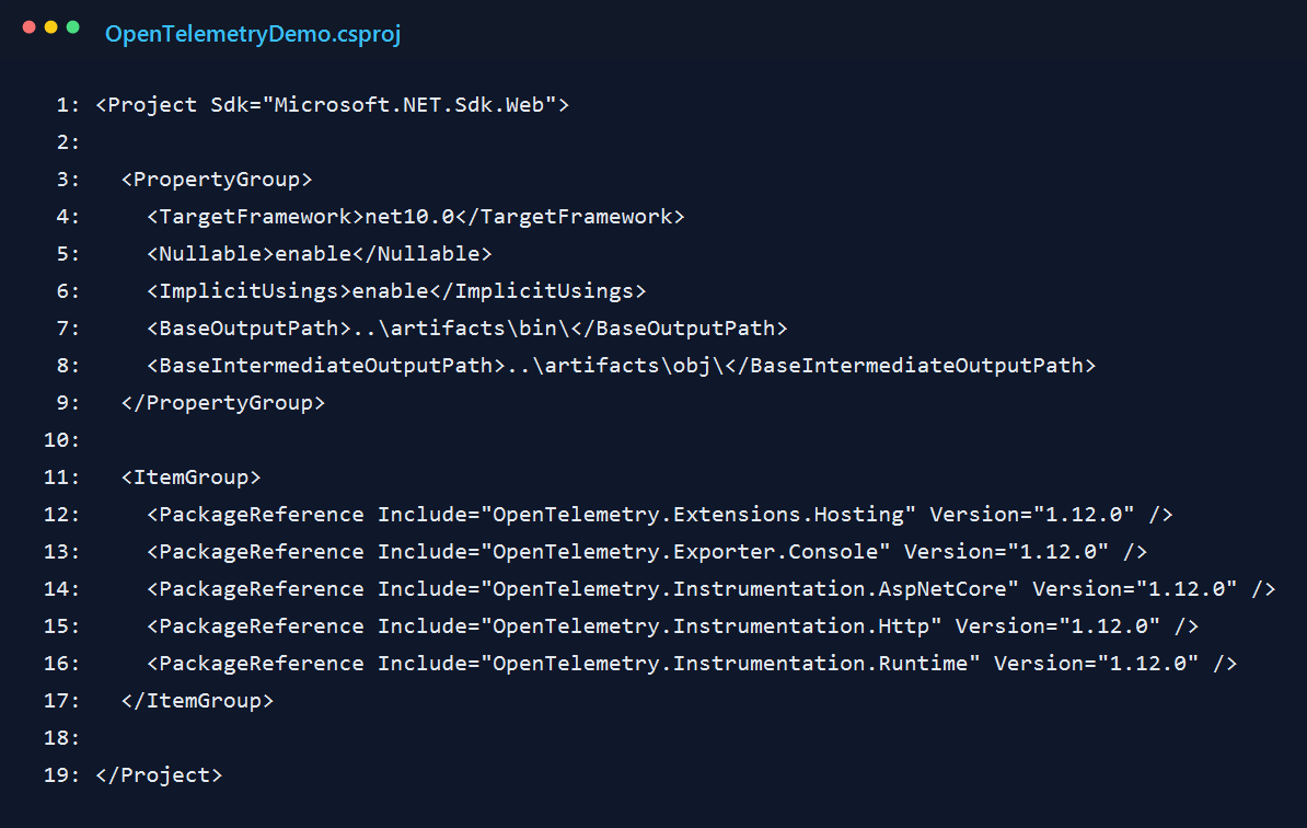 Screenshot of the OpenTelemetryDemo.csproj package references.