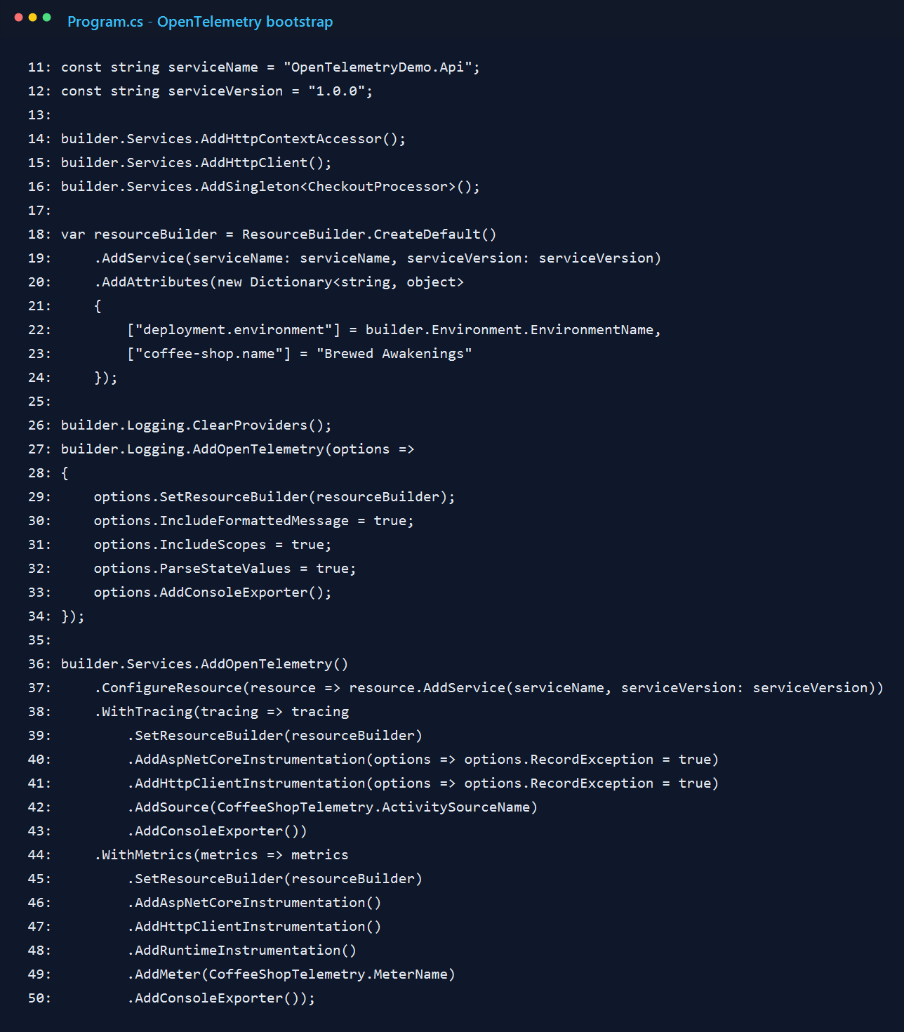Screenshot of Program.cs showing the OpenTelemetry bootstrap code.