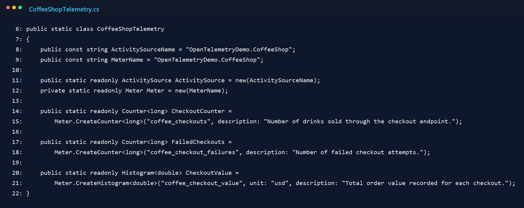 Screenshot of CoffeeShopTelemetry.cs with the custom activity source and meter definitions.