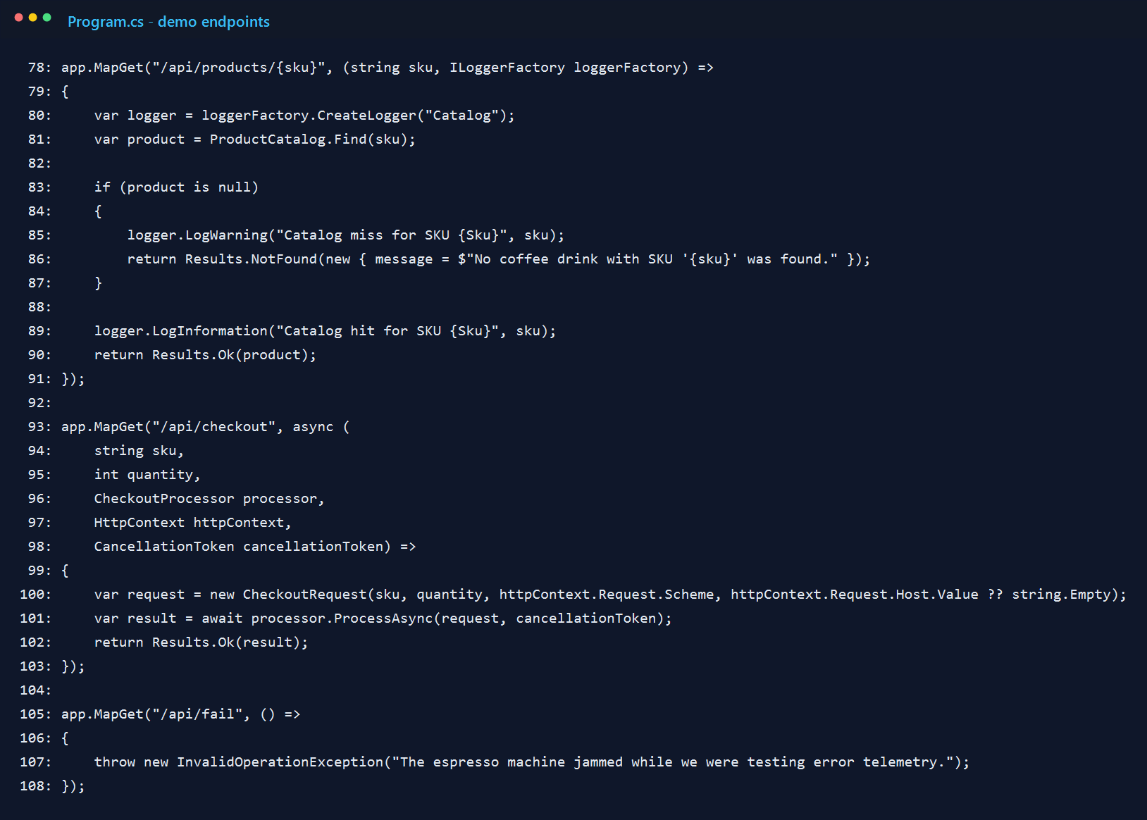 Screenshot of Program.cs showing the demo API endpoints.