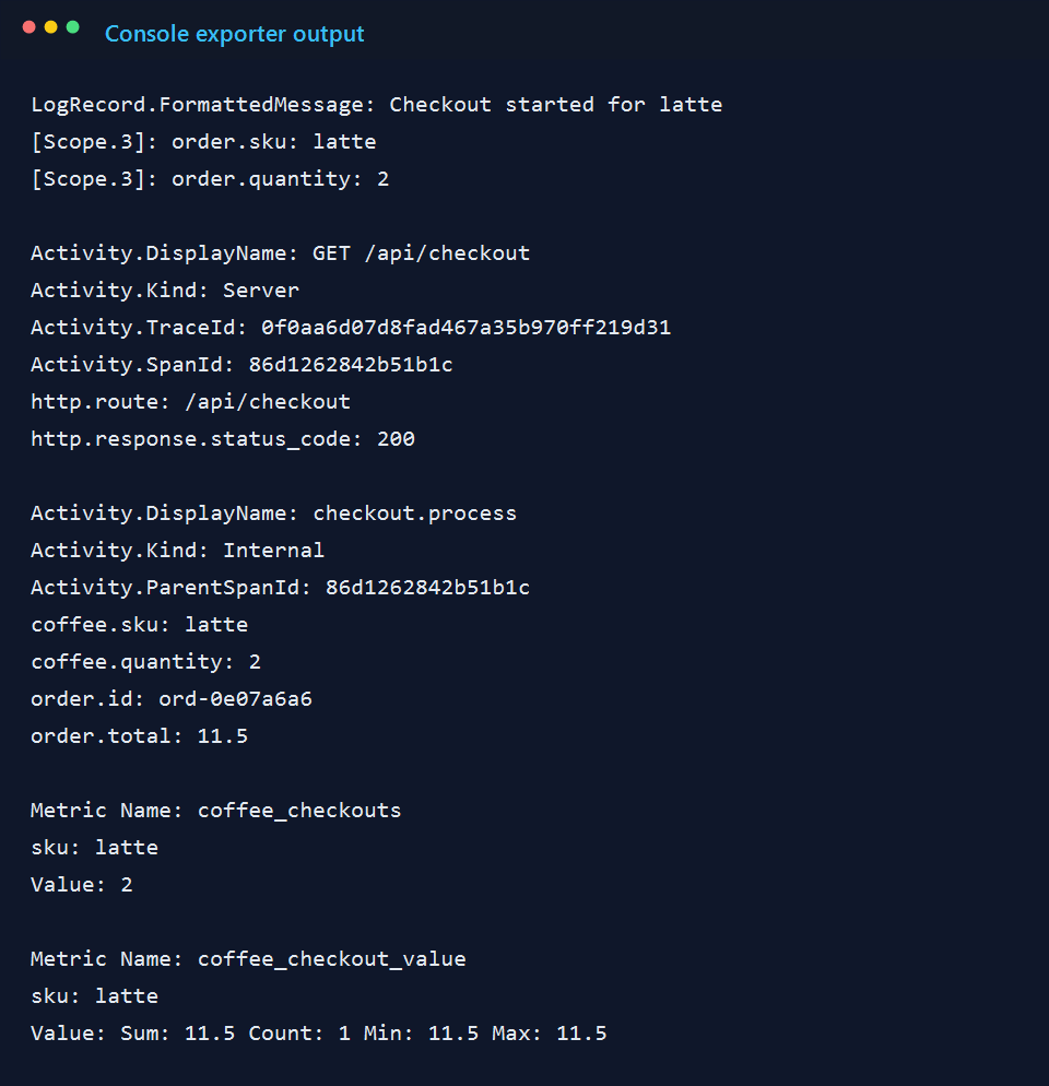OpenTelemetry console output with logs, spans, and metrics