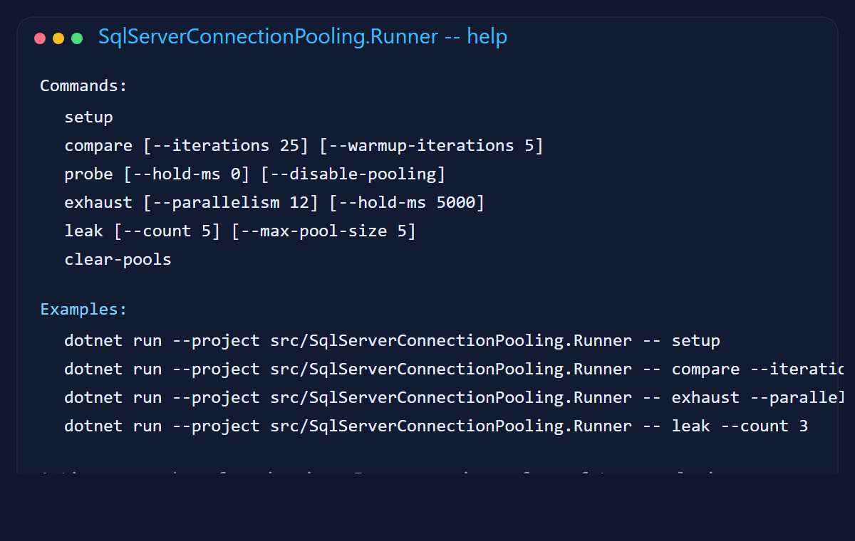 Screenshot of the runner commands for setup, compare, probe, exhaust, leak, and clear-pools.
