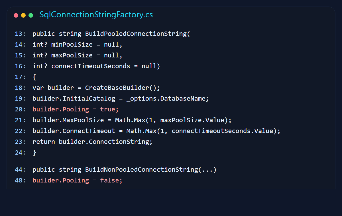 Code-style screenshot showing pooled and non-pooled connection string creation with max pool size and connect timeout.