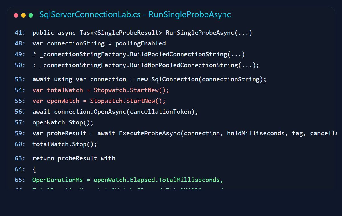 Code-style screenshot showing the method that measures connection open and total probe time.