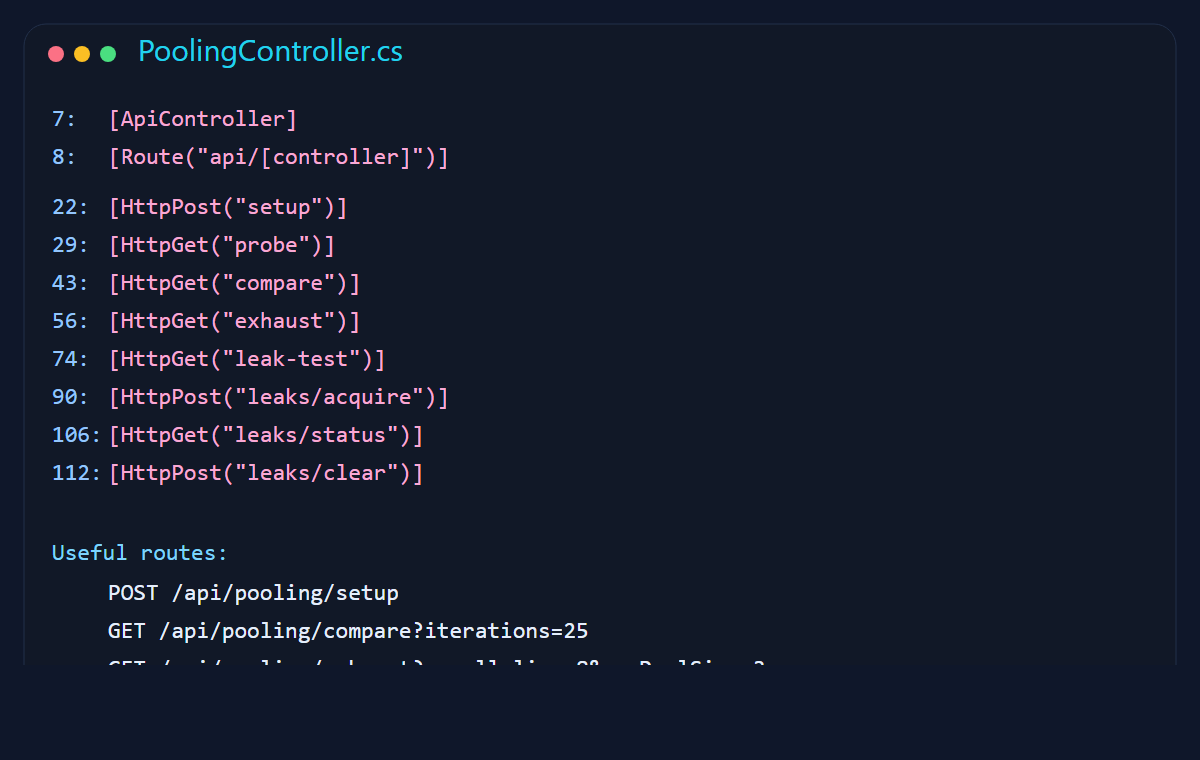 Code-style screenshot showing the API endpoints for setup, probe, compare, exhaust, leak-test, and leak control.
